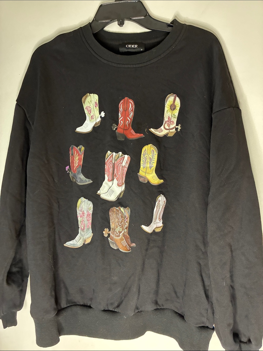 Cider Black Sweatshirt with Multicolor Cowboy Boot Graphics